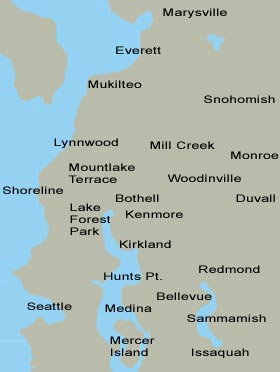 Map of our Service Area which includes the cities of Bothell, Kenmore, Woodinville, Mill Creek, Redmond, Bellevue, Lynnwood, Shoreline, Lake Forest Park, Issaquah, Mercer Island and Seattle