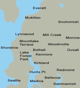 Map of our Service Area which includes the cities of Bothell, Kenmore, Woodinville, Mill Creek, Redmond, Bellevue, Lynnwood, Shoreline, Lake Forest Park
